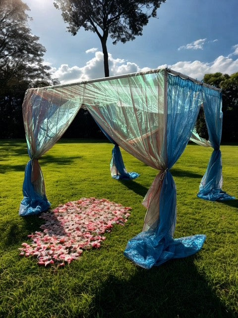 Lining Cabana Sheer Red Green Shimmer 10'x10' with Peacock Blue Shimmer Drapes