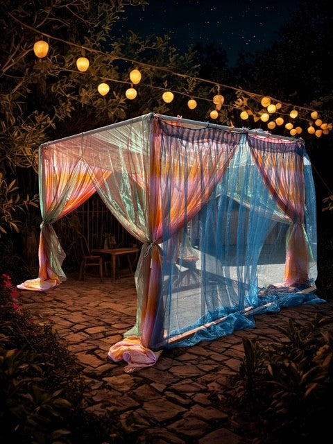 Lining Cabana Sheer Red Green Shimmer 10'x10' with Organza Blush & Orange and Blue Drapes