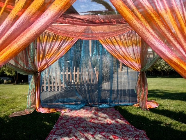 Lining Cabana Sheer Red Green Shimmer 10'x10' with Organza Blush & Orange and Blue Drapes