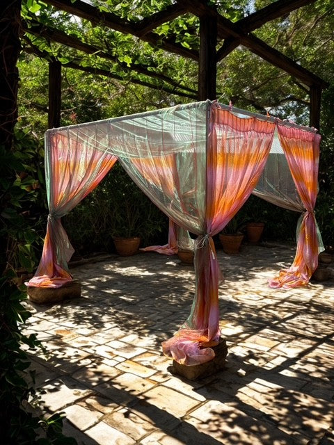 Lining Cabana Sheer Red Green Shimmer 10'x10' with Organza Blush & Orange Drapes