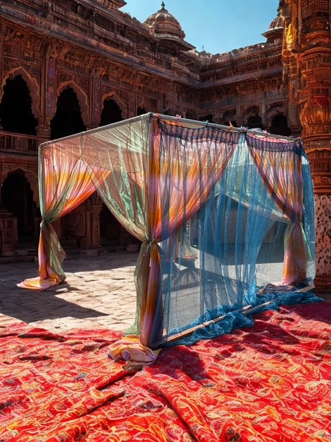Lining Cabana Sheer Red Green Shimmer 10'x10' with Organza Blush & Orange and Blue Drapes