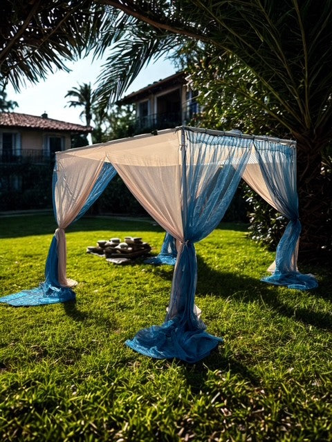 Lining Cabana Sheer Sand 10'x10' with Peacock Blue Shimmer Drapes